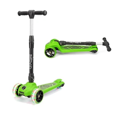 Image of Xootz Scout Tri Scooter, LED 3 Wheeled Light Up Scooter for Toddlers, Adjustable Bar Height and Foldable Kids, Girls Boys, ages 3+, Green