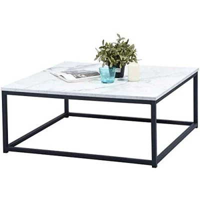 Image of MEUBLE COSY Coffee Table Faux Marble Square Desk For Sofa Living Room Bedroom Home, Modern Style, Metal Frame, White + Black