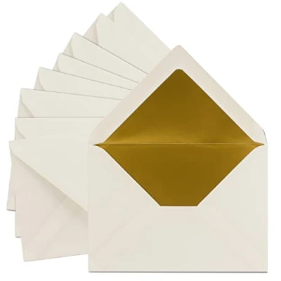 Image of 100 x DIN C5 envelopes, 15.7 22.5 cm, in natural white with golden silk lining, wet gluing, blank letter postal envelopes without window format, brand: FarbenFroh by Gustav Neuser.