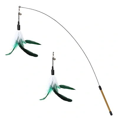 Image of Pawaboo Feather Teaser Cat Toy, Interactive Wand Toy Flying Catcher with Extra Long 34.5&quot; and Small Bell, Fun Exerciser Playing for kitten or cat, White &amp; Green