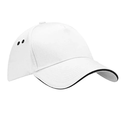 Image of Beechfield Ultimate 5 Panel Cap Sandwich Peak Baseball Cap, Running Hat, All Round Sports Accessories, Trucker Sun Mens Womens Unisex 100% Cotton Drill White/Black