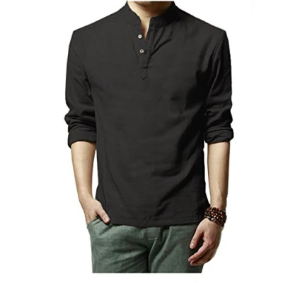 Image of HOEREV Brand Men Casual Long Sleeve Linen Shirts Beach Shirts, Black, S