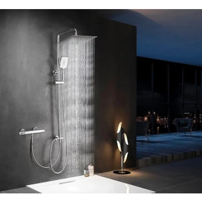 Image of Elbe Shower System Stainless Steel, Rain with Head Made of 304 Steel 30 x cm Square, Set without Fittings, Chrome Rail Column