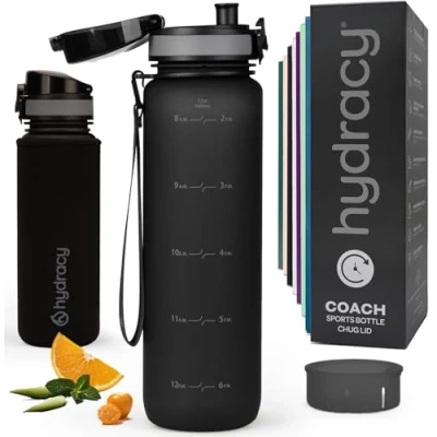 Image of Hydracy Water Bottle with Time Marker Large 1 Litre BPA Free &amp; No Sweat Sleeve Leak Proof Gym Fruit Infuser Strainer Times to Drink Ideal for Fitness Sport Outdoor