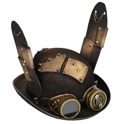 Image of Eiudxue Steampunk Men hat With Goggles Gay Top Bowler Halloween Devil Horn Carnival Nightclub