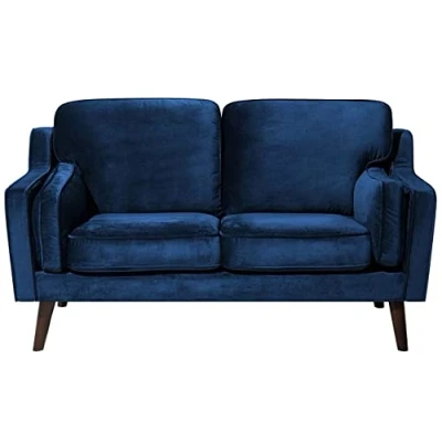 Image of Beliani Modern 2 Seater Sofa Upholstered Velvet Solid Oak Wood Legs Dark Blue Lokka