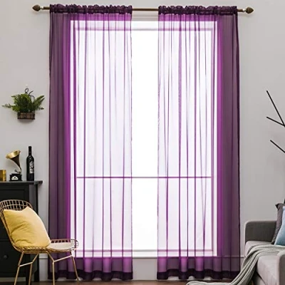 Image of MIULEE 2 Panels Solid Color Sheer Window Curtains Smooth Elegant Voile Panels/Drapes/Treatment for Bedroom Living Room Purple 55&quot; Wx102 L, Rod Pocket