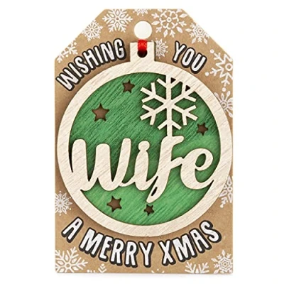 Image of Personalised Wooden Wife Green Hanging Christmas Tree Bauble Decoration