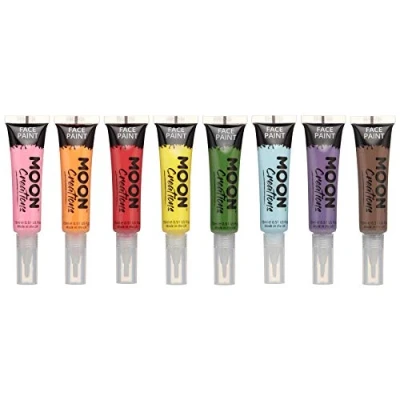 Image of Moon Creations Face &amp; Body Paint Tubes with Brush Applicator Set of 8 15ml Ready to Use Cruelty Free, Made in UK for Kids, Adults, Fancy Dress, Festivals, Halloween