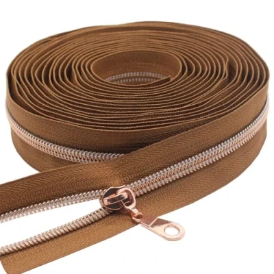Image of YaHoGa 9 m Rose Gold Coloured Continuous Zip Sold by the Metre Brown 6 mm Spiral + 25 Nonlock Zippers (Rose Brown)
