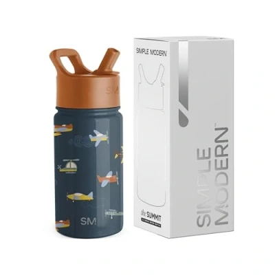 Image of Simple Modern Kids Water Bottle with Straw Insulated Stainless Steel Reusable Tumbler for Toddlers, Girls, Boys Summit Collection 415ml Wheels Up