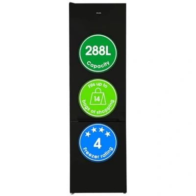 Image of Abode Fridge Freezer Freestanding with Reversible Door, Adjustable Thermostat &amp; Feet, 70/30 288 Litre, 180cm High, LED Light, Black A180FF541E1B