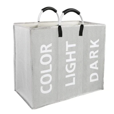 Image of Large Laundry Basket, 3 Sections Hamper, Basket Portable, Portable Storage Bin with Carry Handles, Washing for Bedroom, Fabric (Light Grey)