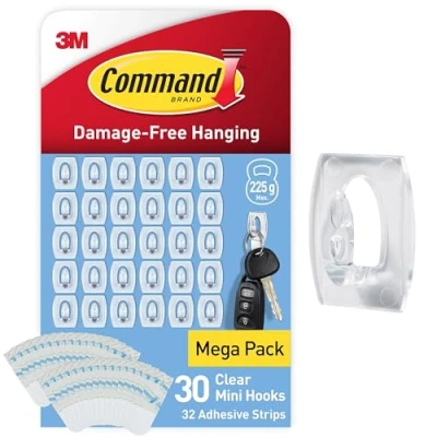 Image of Command Clear Mini Hooks with Strips, Multi Pack of 30 + 32 Adhesive Strips Indoor Use Suitable for Hanging Items up to 225g Damage Free