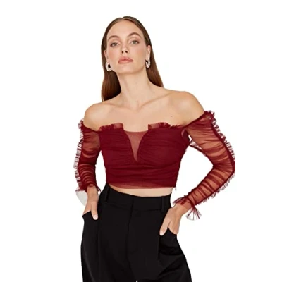 Image of Trendyol Women Glam Slim Off Shoulder Square Collar Woven Blouse Burgundy
