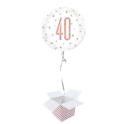 Image of Rose Gold Glitz Age Holographic Round Foil Helium Balloon Inflated in a Box (Age 40, Birthday)