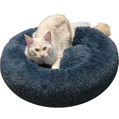 Image of Comlax Calming Donut Dog Beds XXL, Round Cushion with Removable Washable Cover, Anti Anxiety Faux Fur Cuddler, Fluffy Comfy Furry Pet Bed (100cm, Dark Grey)