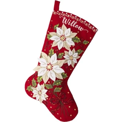 Image of Bucilla, Posh Poinsettias, Felt Applique 18&quot; Stocking Making Kit, Perfect for DIY Arts and Crafts, 89565E