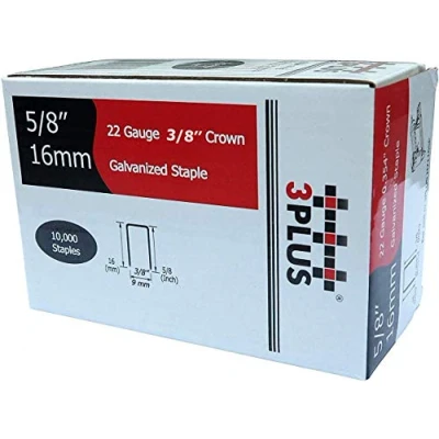 Image of 3PLUS 22 Gauge 10,000 Galvanized Fine Wire Staples, 3/8 Inch Crown, 5/8 Leg for H7116SP, H7116LSP, HBT HB7116P Staplers