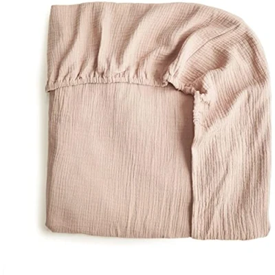 Image of Mushie Fitted Crib Sheet Extra Soft Muslin Breathable Material: 100% Cotton Fully Elastic Corners Pre Washed 60x20x120cm (Blush)