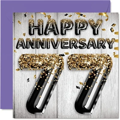 Image of Awesome 77th Anniversary Card for Husband Boyfriend Wife Girlfriend Black Gold Glitter Balloon Happy 77 Cards from Family, 145mm x Greeting Seventy Seventh Anniversaries