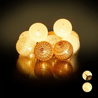Image of Relaxdays LED String Lights with 10 Cotton Balls, Battery Operated, Mood Lighting, 6 cm Ø, White Grey Brown