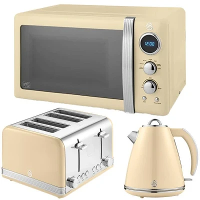Image of Swan Retro Cream 1.5L Kettle, 4 Slice Toaster &amp; 20L Digital Microwave Set
