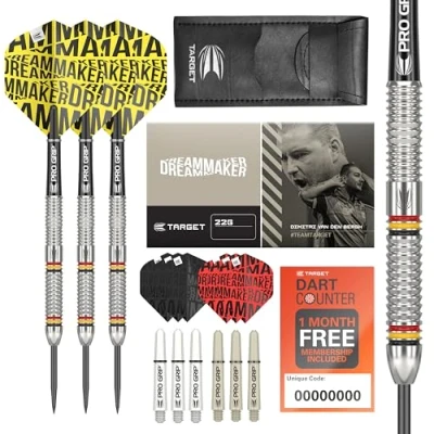Image of TARGET Darts Dimitri van den Bergh Dimi 22G 80% Tungsten Steel Tip Set 9 Pro Grip Shafts Ultra Flights Dart Wallet Bundle