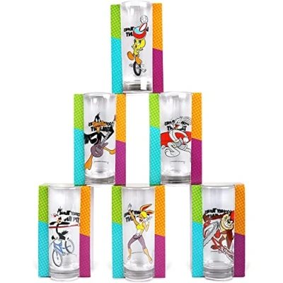 Image of I LOVE FANCY DRESS Looney Tunes Summer Drinking Glasses Glass Tumblers Cartoon Kids Colourful with Character Designs (Pack of 6)