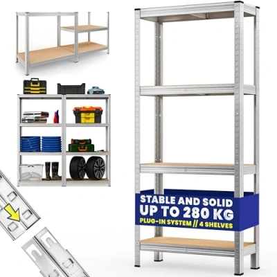 Image of Monzana® Garage Shelving Unit 4 Tier Industrial Racking Heavy Duty Standing Plug In Shelves Warehouse Shed Workshop 280KG Capacity Silver 170x75x30cm