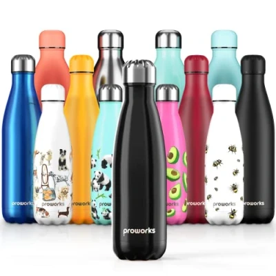 Image of Proworks Performance Stainless Steel Sports Water Bottle Double Insulated Vacuum Flask for 12 Hours Hot &amp; 24 Cold Drinks Great Home, Work, Gym Travel 1 Litre BPA Free Black