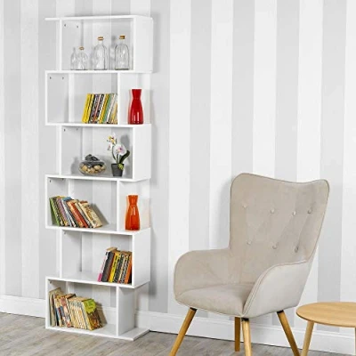 Image of URBNLIVING Wooden S Shaped Display Bookcase Storage Divider Unit (White, 6 Tier)