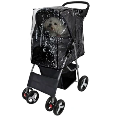 Image of Pet Stroller Pram Pushchair Available in 7 Colours (Black with Cover)