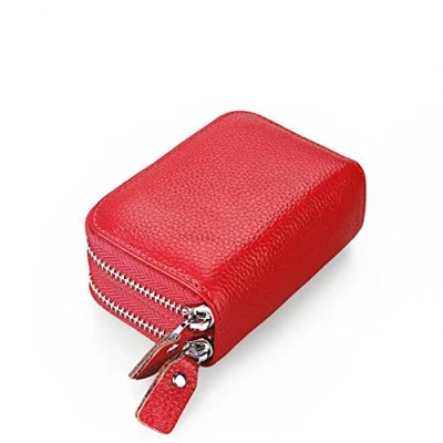 Image of AprinCtempsD RFID Blocking Women&#039;s Credit Card Holder Genuine Leather Ladies Small Coin Purse Men&#039;s Mini Wallet with Double Zipper (Red)