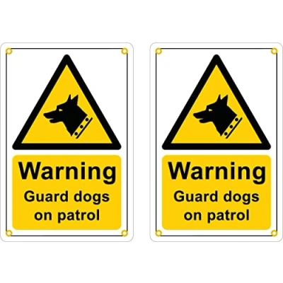 Image of Pack of 2 rigid plastic signs 300mm x 200mm 3mm with rounded corners Warning guard dogs on patrol (with eyelets)