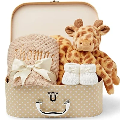Image of Personalised New Baby Gifts Set Unisex Newborn Personalised, Hamper, Customised Gifts, Born Cream with Giraffe Comforter