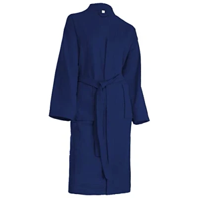 Image of Brandsseller Bathrobe for Men and Women Cotton Unisex Lightweight Dressing Gown Waffle Pique, navy, M