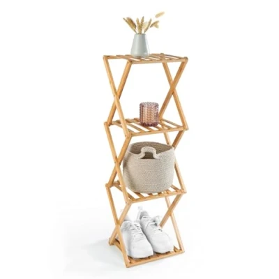 Image of Lumaland Bamboo Shelf, 4 Tiers, Foldable, Organiser Ideal for Wardrobe, Bathroom &amp; Kitchen Shelf Decoration, Mounting Free, Slim, Space Saving, 28 x 25 85 cm
