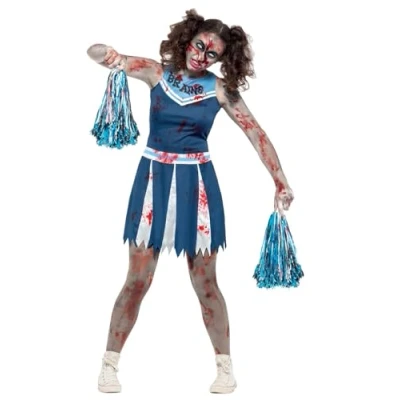 Image of Smiffys Zombie Cheerleader Costume, Blue with Dress &amp; Pom Poms, Halloween Adult Fancy Dress, Up Costumes