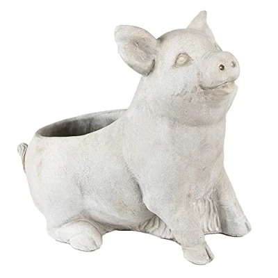 Image of MAISONICA 24cm Distressed Grey Pig Piglet Stone Planter Flower Holder Plant Pot 2.5kg w/Drainage Hole