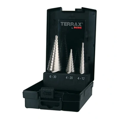 Image of Terrax by Ruko A101126RO 3 Piece Step Drill Set, HSS Straight grooved, in Sizes 0/9, 1, 2 Sturdy, Practical Plastic case, 1 Piece,