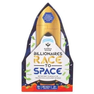 Image of Billionaires Race to Space. The Ultimate Board Game for all Space Enthusiasts! Includes 3 Modes, 52 Hexagonal Cards, 1 Dice &amp; 6 Characters. 2+ Players. Up Hour Playtime.