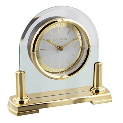 Image of Wm Widdop Modern Stylish Glass &amp; Brass Two Tone Quartz Arched Design Mantel Clock