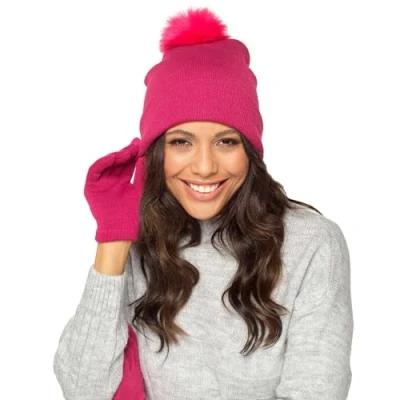 Image of Thingimijigs Ladies Pom Hat and Touch Screen Gloves Set Plum