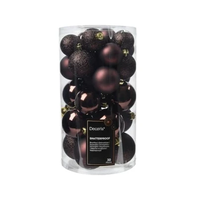 Image of 30 brown christmas baubles black truffle decorations tree hanging ornament 40mm 50mm 60mm glitter matt shiny set.