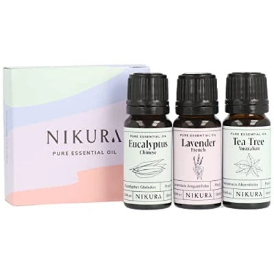 Image of Nikura Everyday Essential Oil Collection 3 x 10ml Oils for Diffusers Home, Aromatherapy, Sleep, Hair Eucalyptus, Lavender &amp; Tea Tree Gift Set 100% Pure Natural