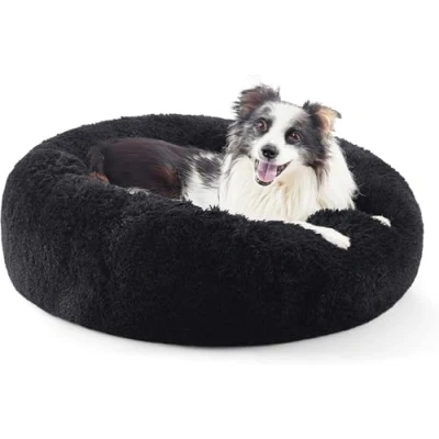 Image of Calming Donut Cat Bed, Fluffy Plush Round Dog Cosy Soft Washable Cushion Self Warming Pet Beds with Non Slip Bottom, Anti Anxiety Indoor Sleeping Cuddler Nest for Medium Large Dogs (Cream 80cm)