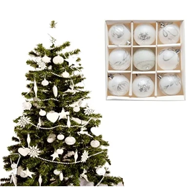 Image of 9pc Luxury Premium Baubles, Christmas Tree Bauble Decorations Matte, Glitter, shiny &amp; Frosted (6cm) (White)