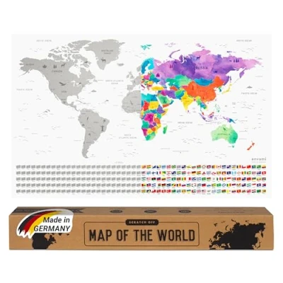 Image of Envami Scratch Off World Map Premium Metallic Silver Gift for Travellers Made in Germany 43cm x 68cm with 250 Flags of The and U.S. States Ideal Travel Tracker