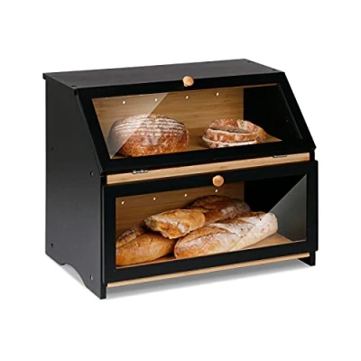 Image of Leader Accessories Double Decker Bamboo Bread Bin 2 Layer Box Large Capacity Storage for Kitchen 15.3&quot;x9.8&quot;x12.6&quot; Black